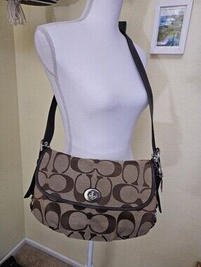 Coach Brown Signature Canvas Turnlock Crossbody Shoulder Bag